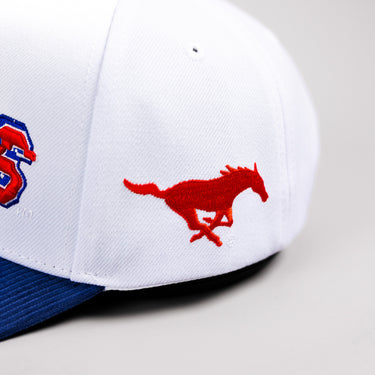 SMU Mustangs Hat White & Royal Blue Corduroy Stadium Pulse Snapback - Side Mustang Patch Detail