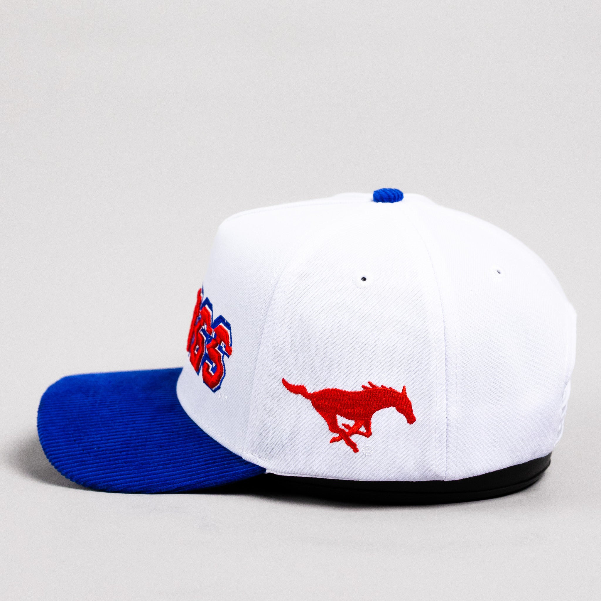 SMU Mustangs Hat White & Royal Blue Corduroy Stadium Pulse Snapback - Side Mustang Patch