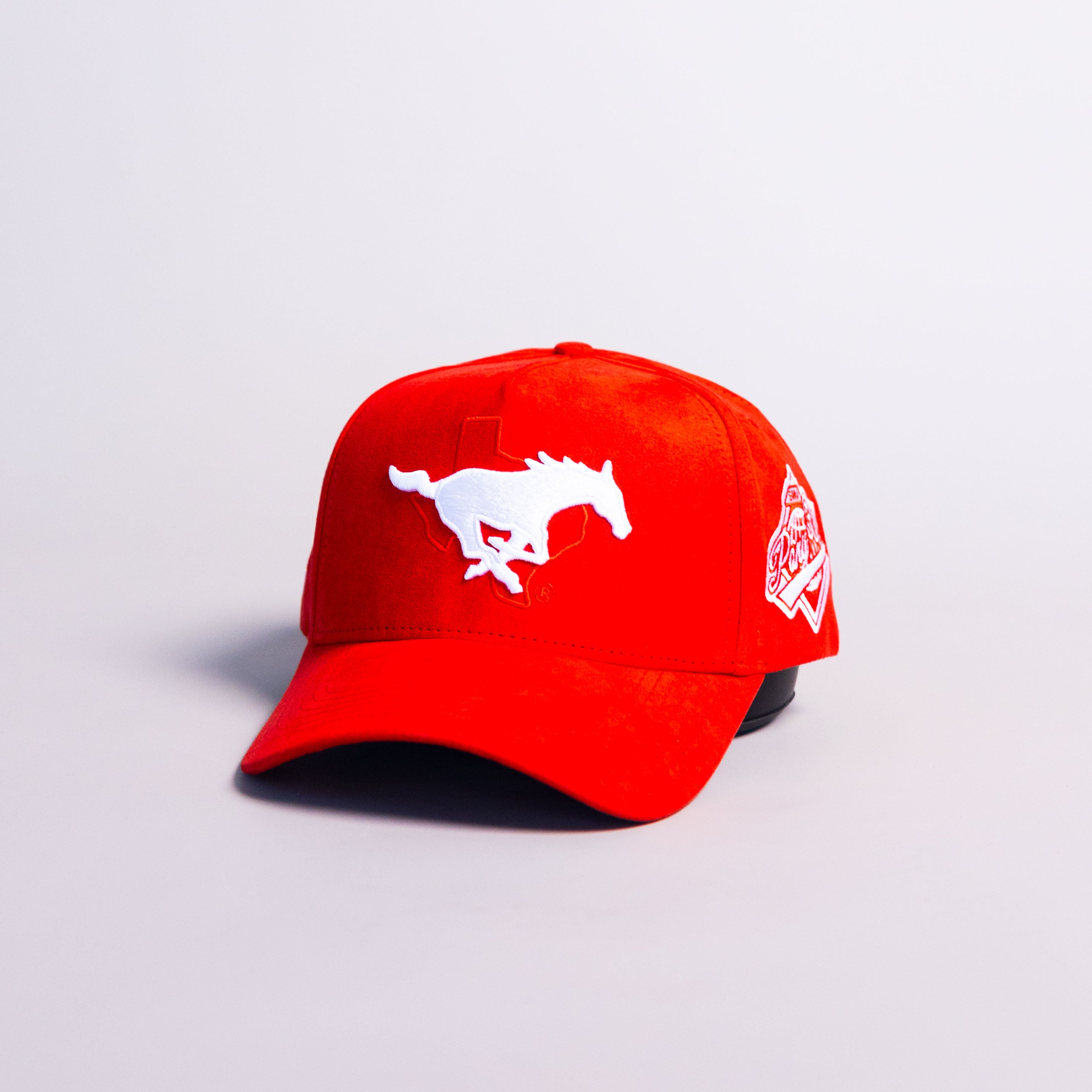 SMU Mustangs Suede Hat Red Mustang Logo Side Patch Snapback College SMU - Angled View