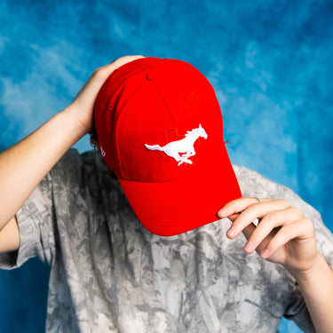 SMU Mustangs Suede Hat Red Mustang Logo Side Patch Snapback College SMU - On Model Lifestyle