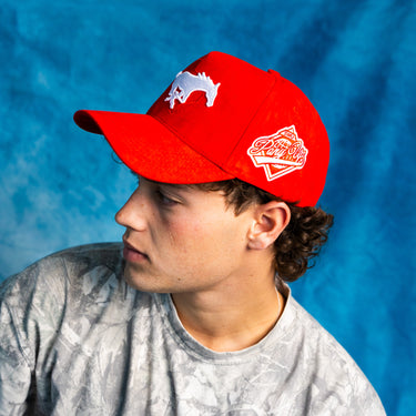 SMU Mustangs Suede Hat Red Mustang Logo Side Patch Snapback College SMU - On Model Seated