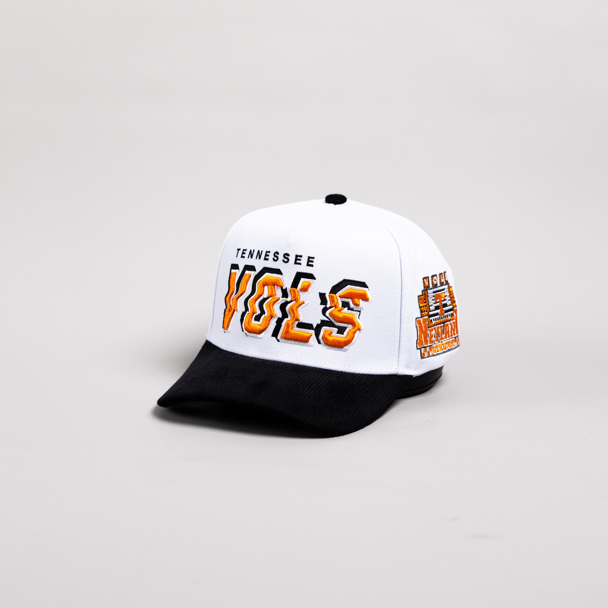 Tennessee Volunteers Hat White & Black Corduroy Stadium Pulse Snapback - Angled View