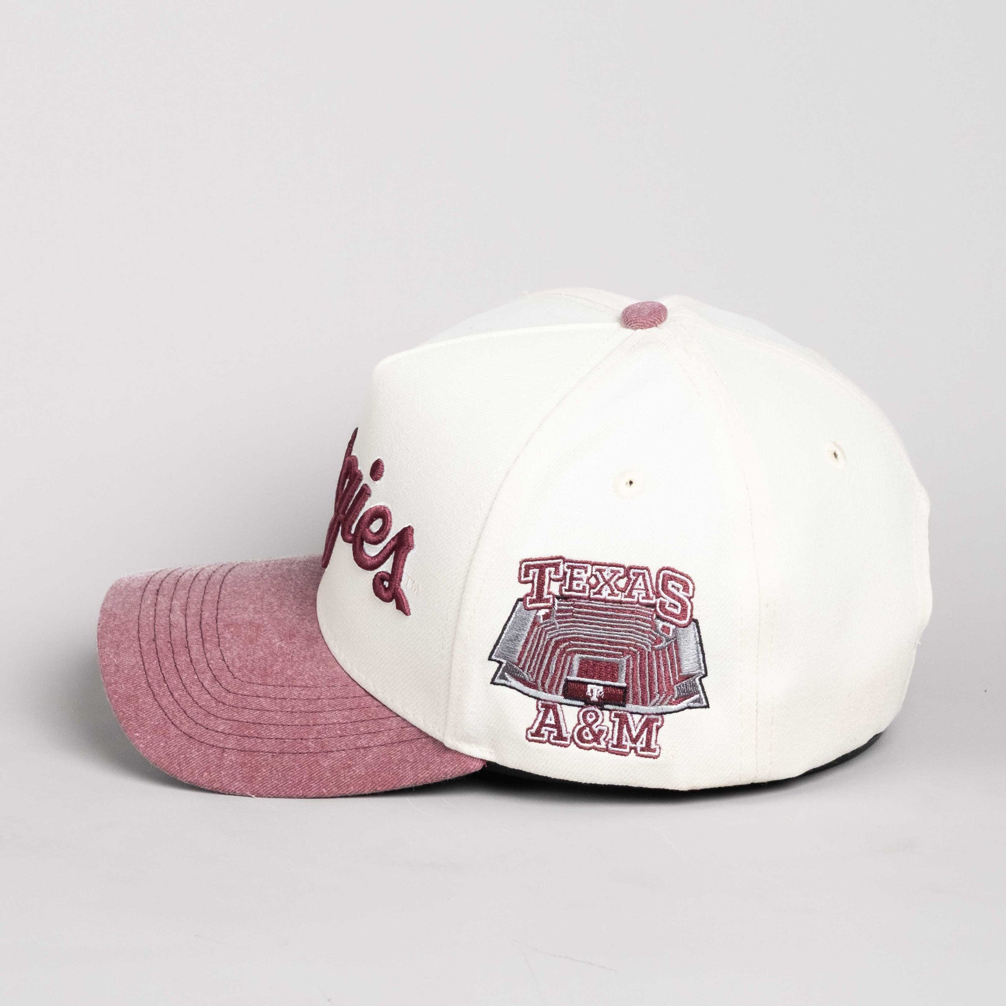 Texas A&M Aggies Hat Cream & Maroon Sun Fade Snapback - Side Stadium