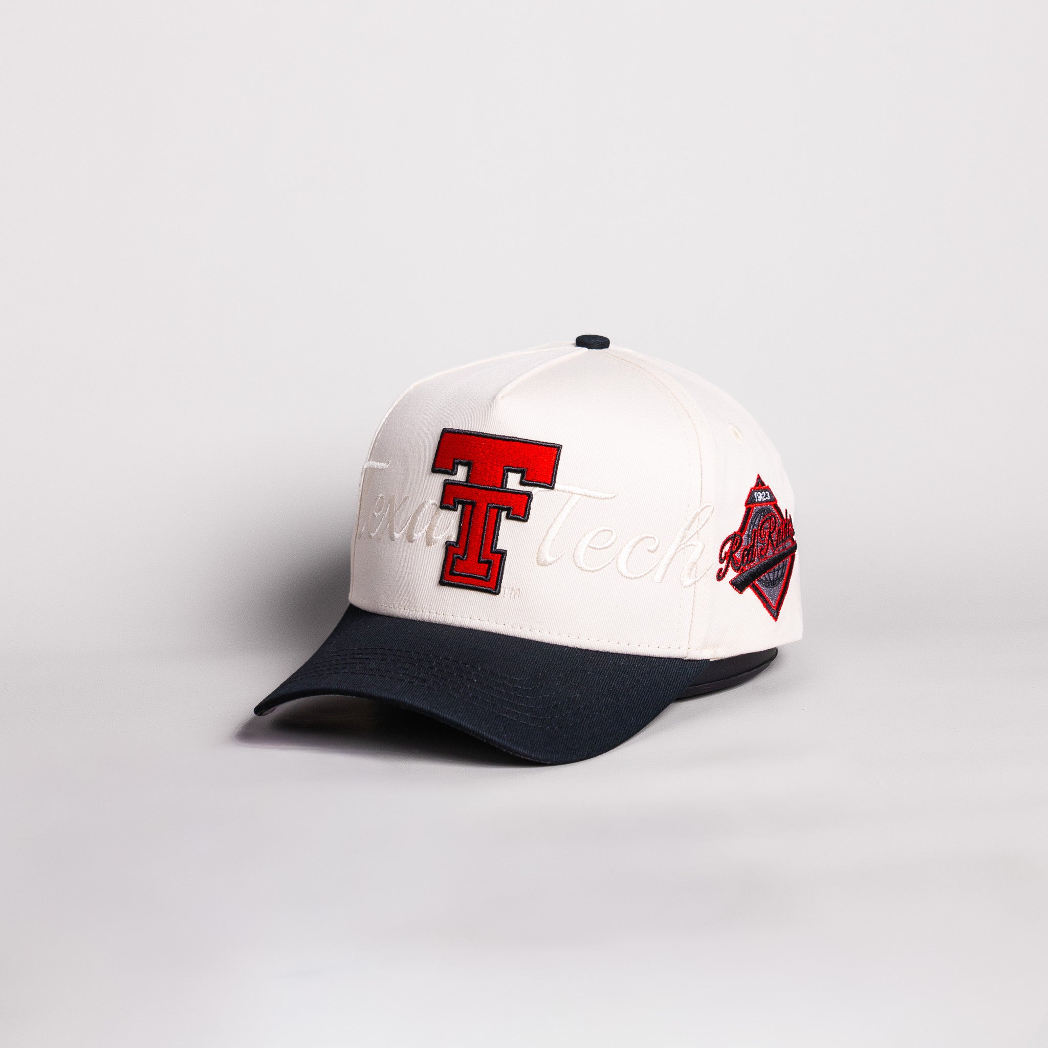 Texas Tech Double T Hat Cream Cotton Black Brim Red Raiders Script Snapback - Angled View