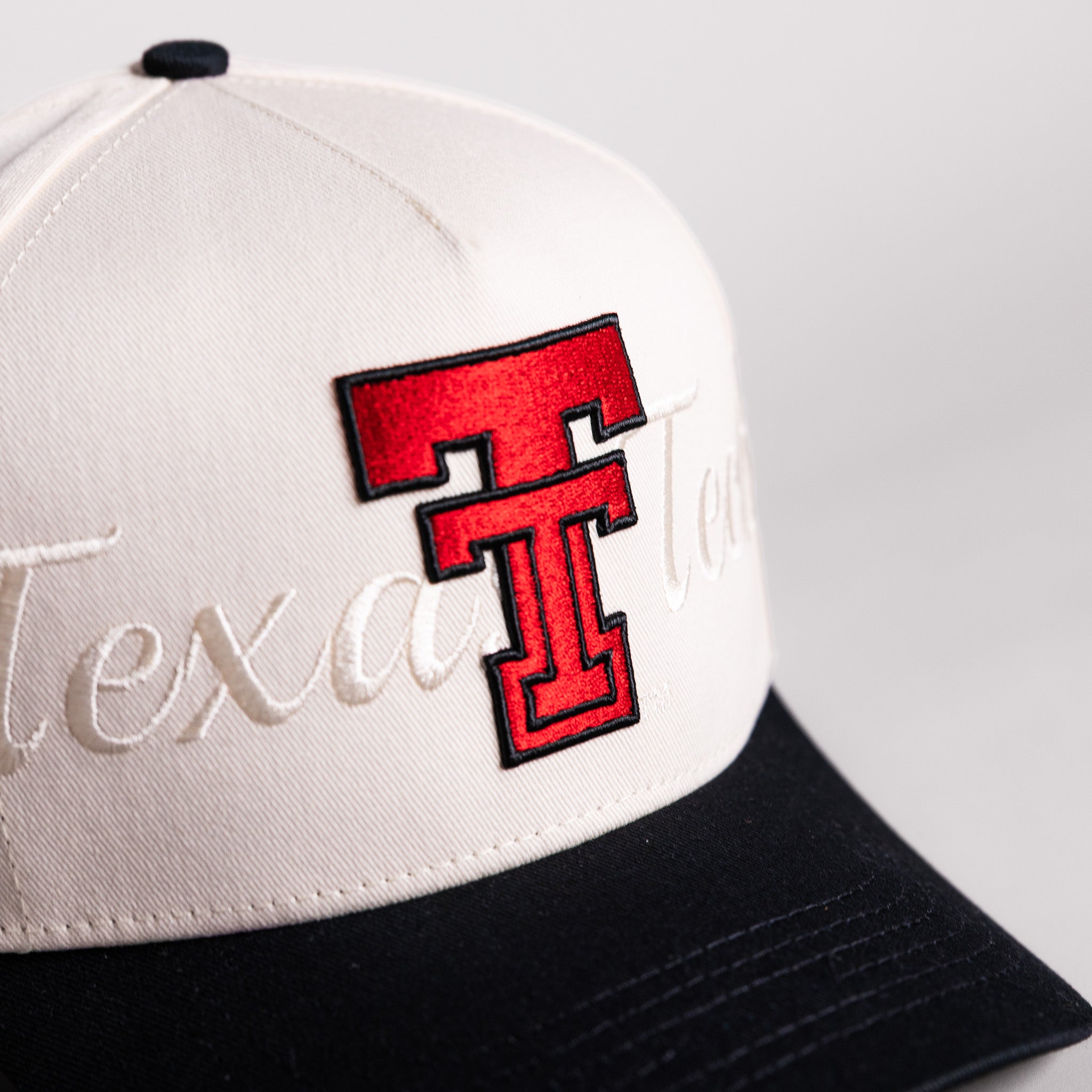Texas Tech Double T Hat Cream Cotton Black Brim Red Raiders Script Snapback - Front Detail