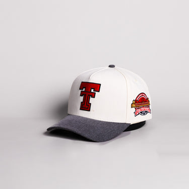 Texas Tech Double T Hat Cream Cotton Charcoal Brim Raider Power Patch Snapback - Angled View