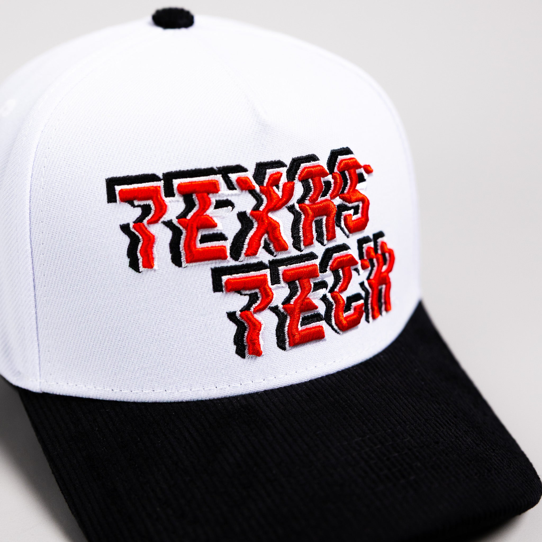 Texas Tech Red Raiders Hat White & Black Corduroy Stadium Pulse Snapback - Front Detail