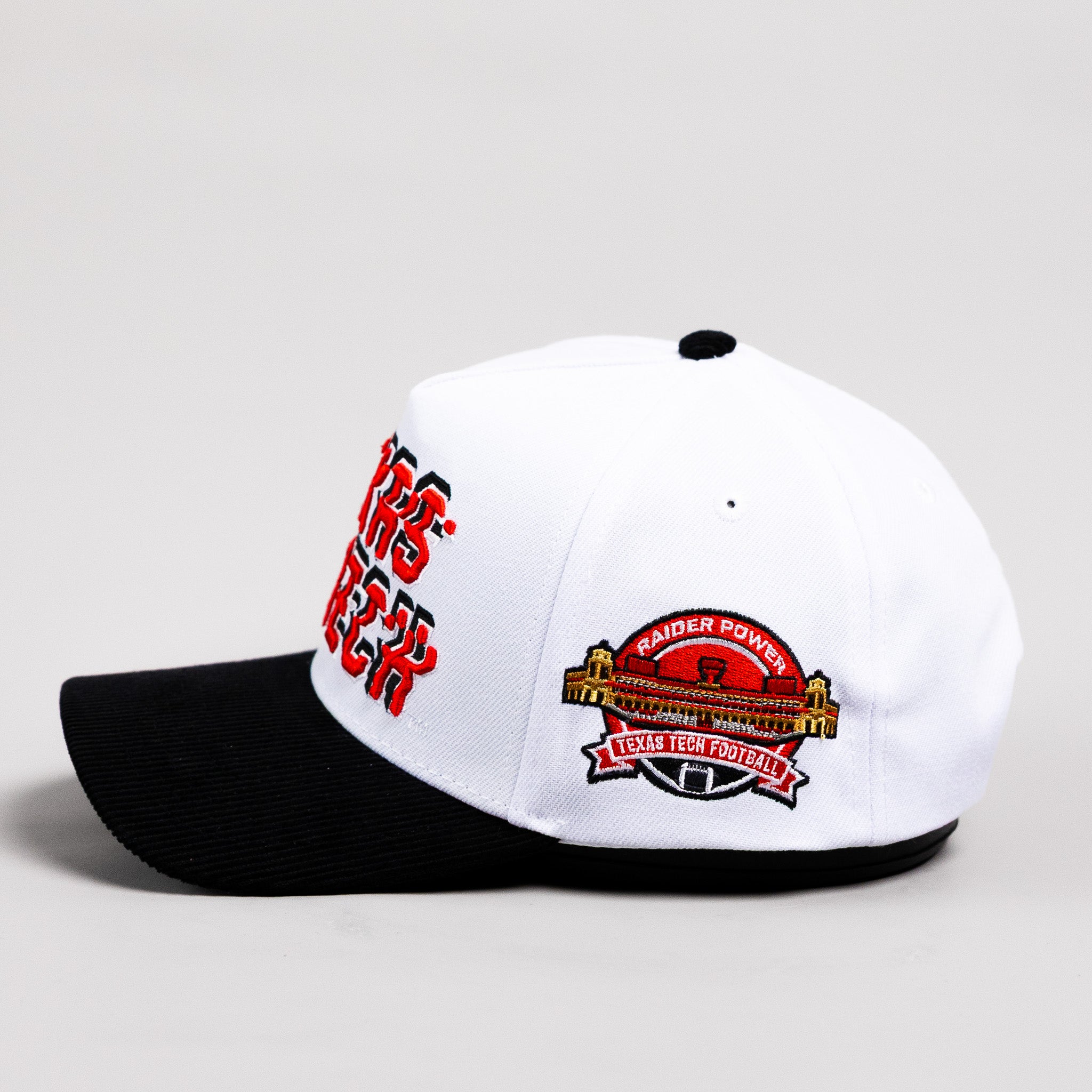 Texas Tech Red Raiders Hat White & Black Corduroy Stadium Pulse Snapback - Side Raider Power Stadium Patch