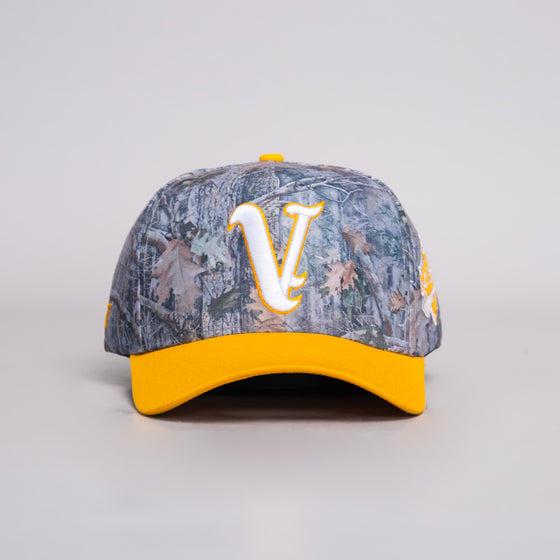 The Valley Hat Camo and Yellow 801 Snapback - Front Panel