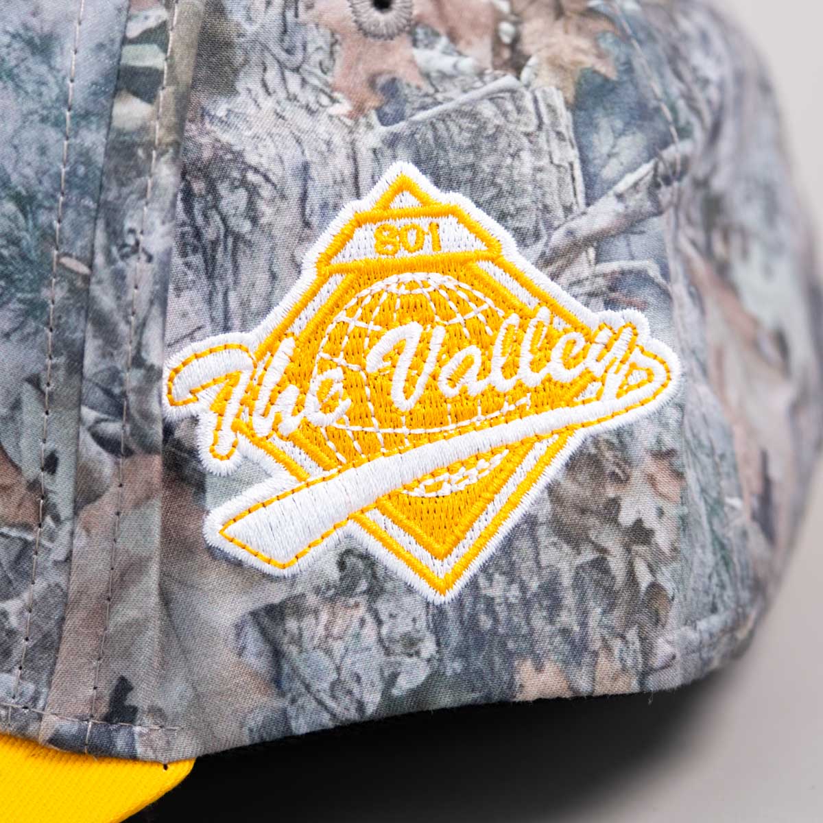 The Valley Hat Camo and Yellow 801 Snapback - Side Patch