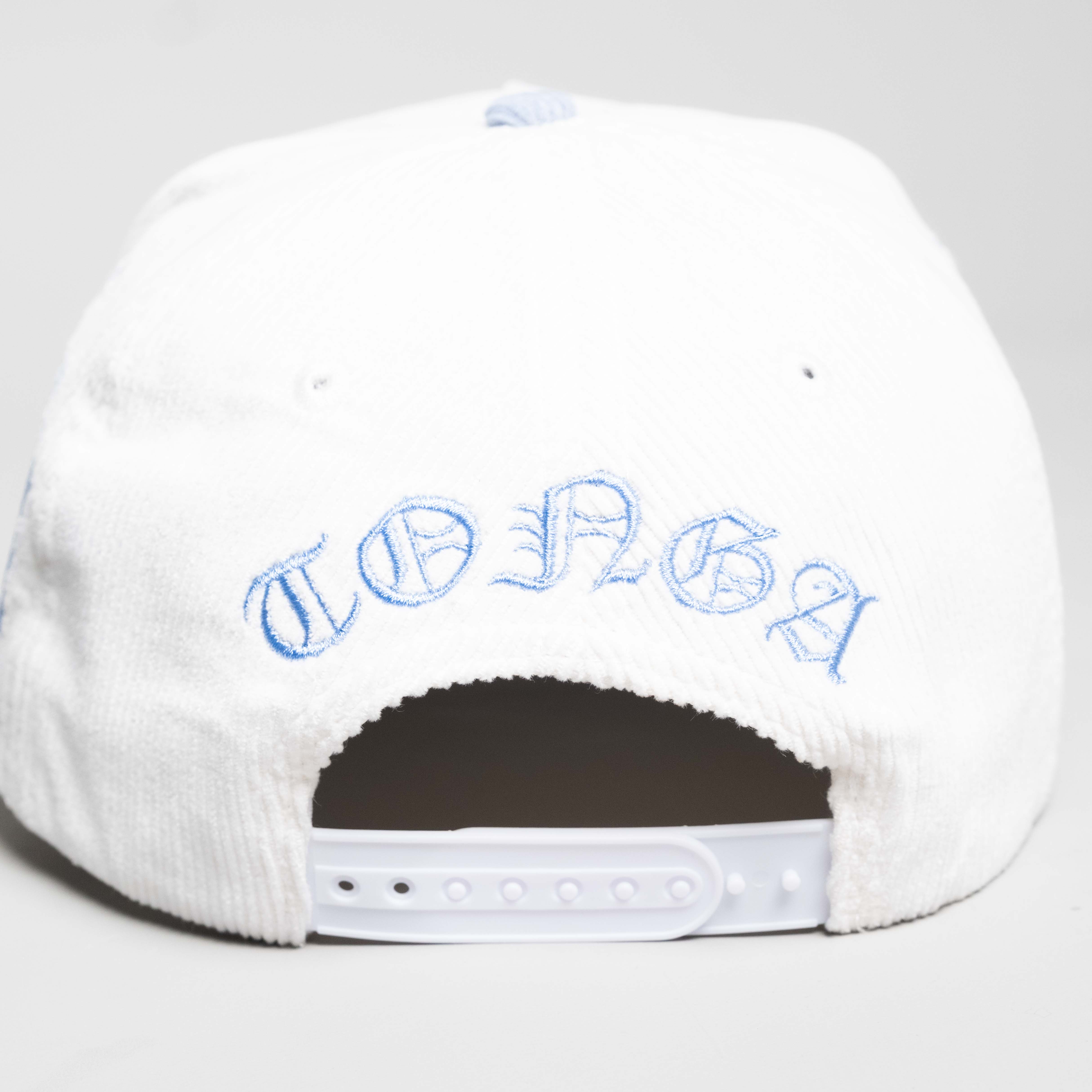 Tonga Hat White and Powder Blue Corduroy T Snapback - Back View