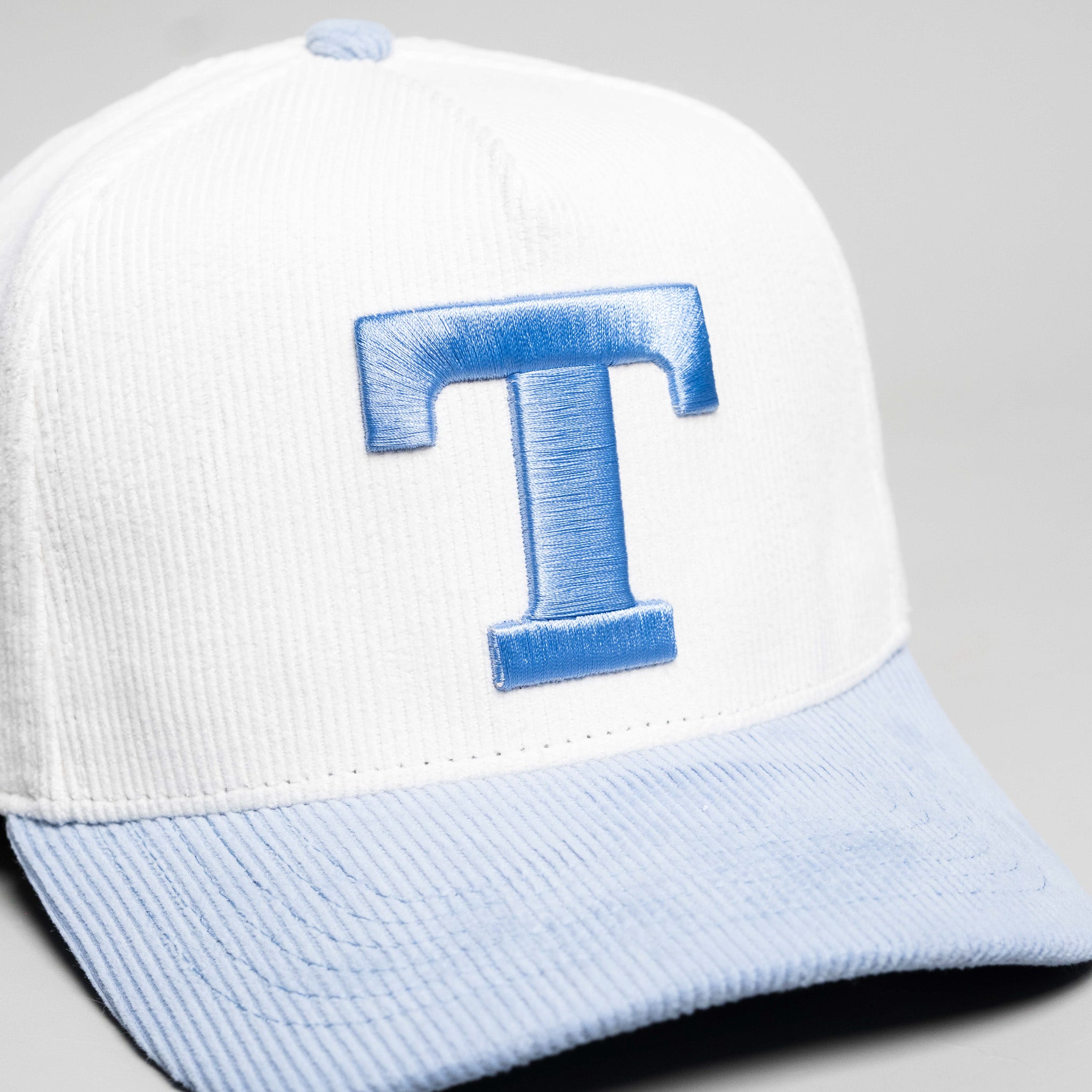 Tonga Hat White and Powder Blue Corduroy T Snapback - Front Detail
