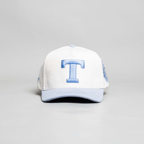 Tonga Hat White and Powder Blue Corduroy T Snapback - Front Panel