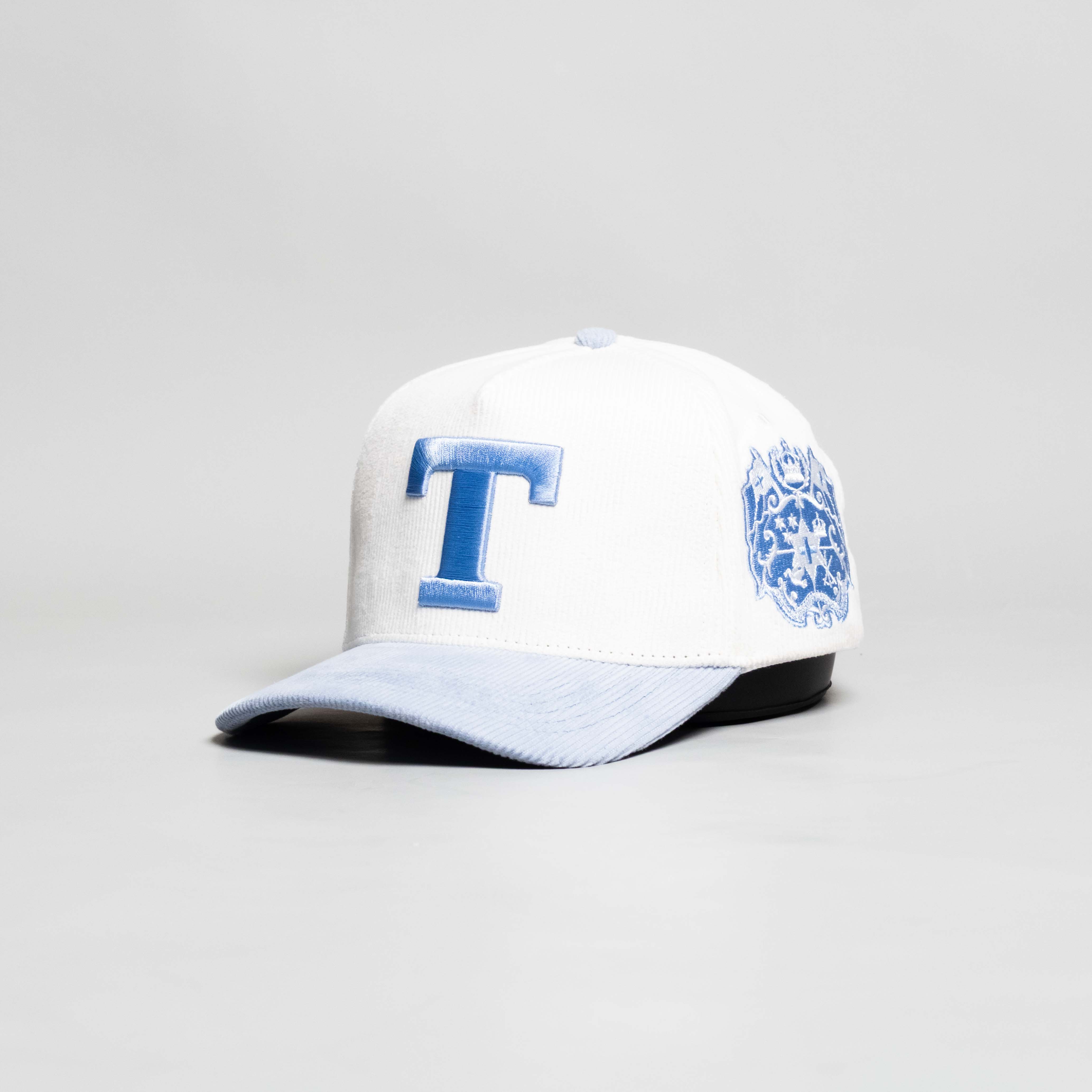Tonga Hat White and Powder Blue Corduroy T Snapback - Side Crest Angled View