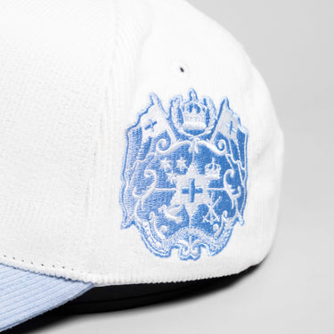 Tonga Hat White and Powder Blue Corduroy T Snapback - Side Crest Detail