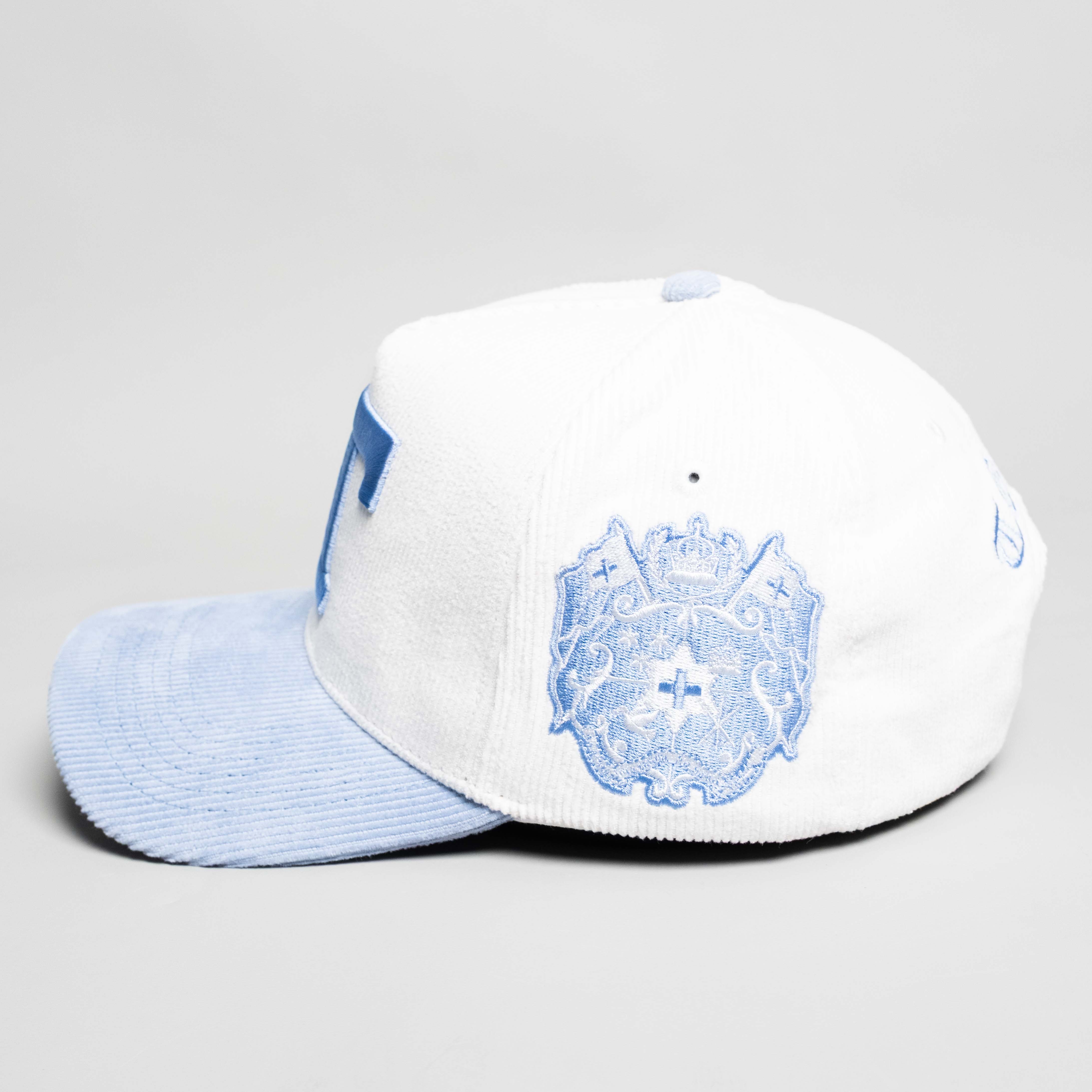 Tonga Hat White and Powder Blue Corduroy T Snapback - Side Crest