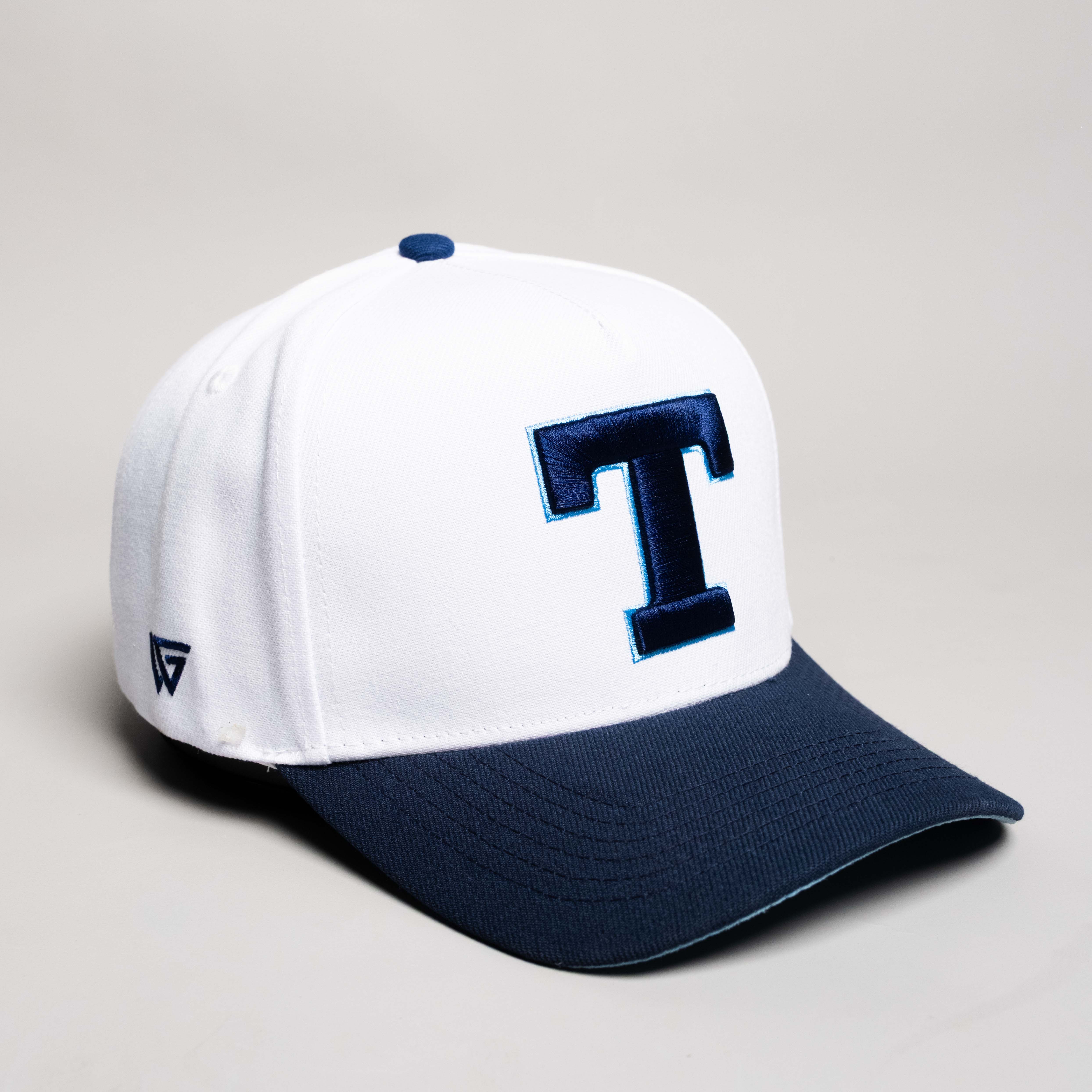 Tonga Hat White Navy Block T Snapback - Angled View