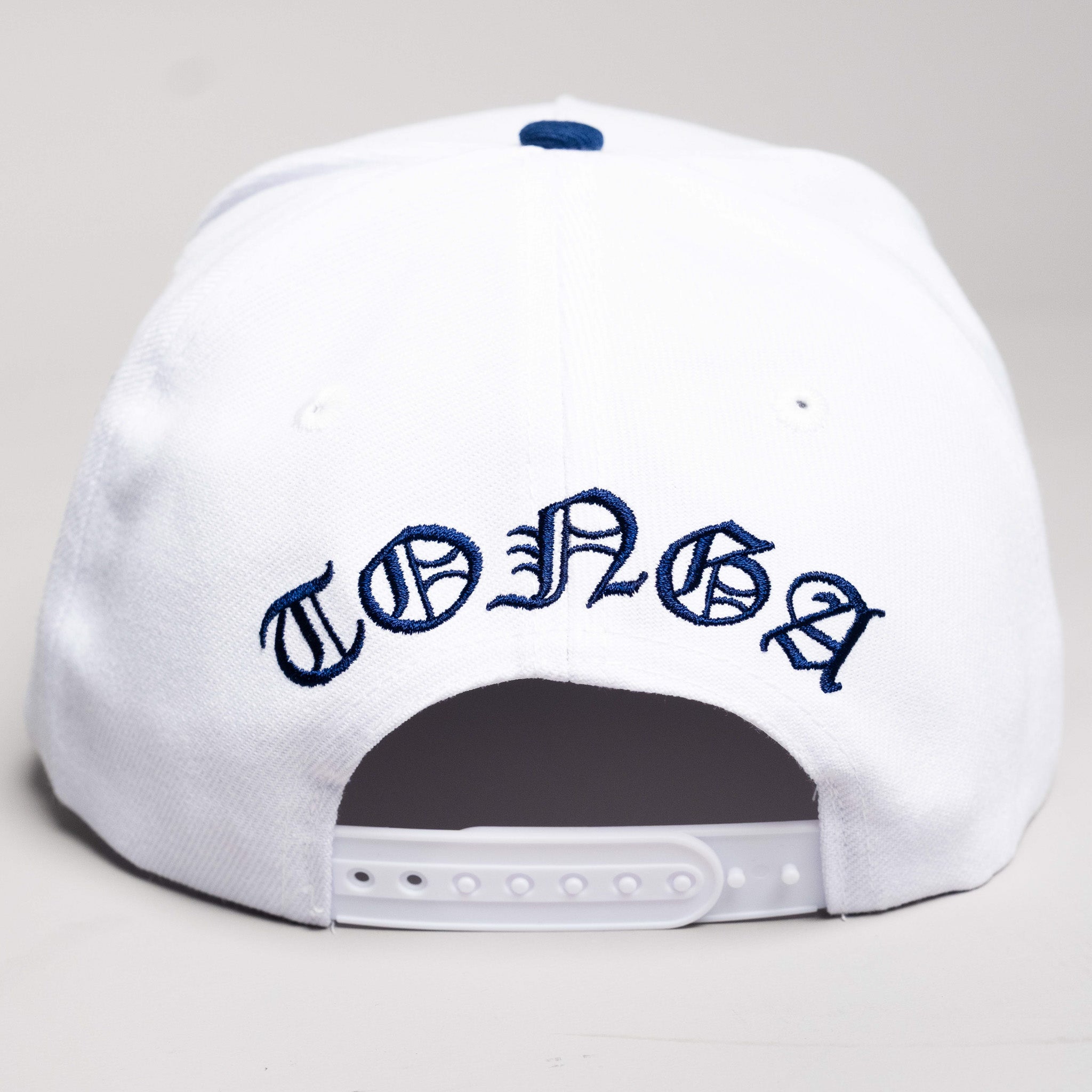 Tonga Hat White Navy Block T Snapback - Back View