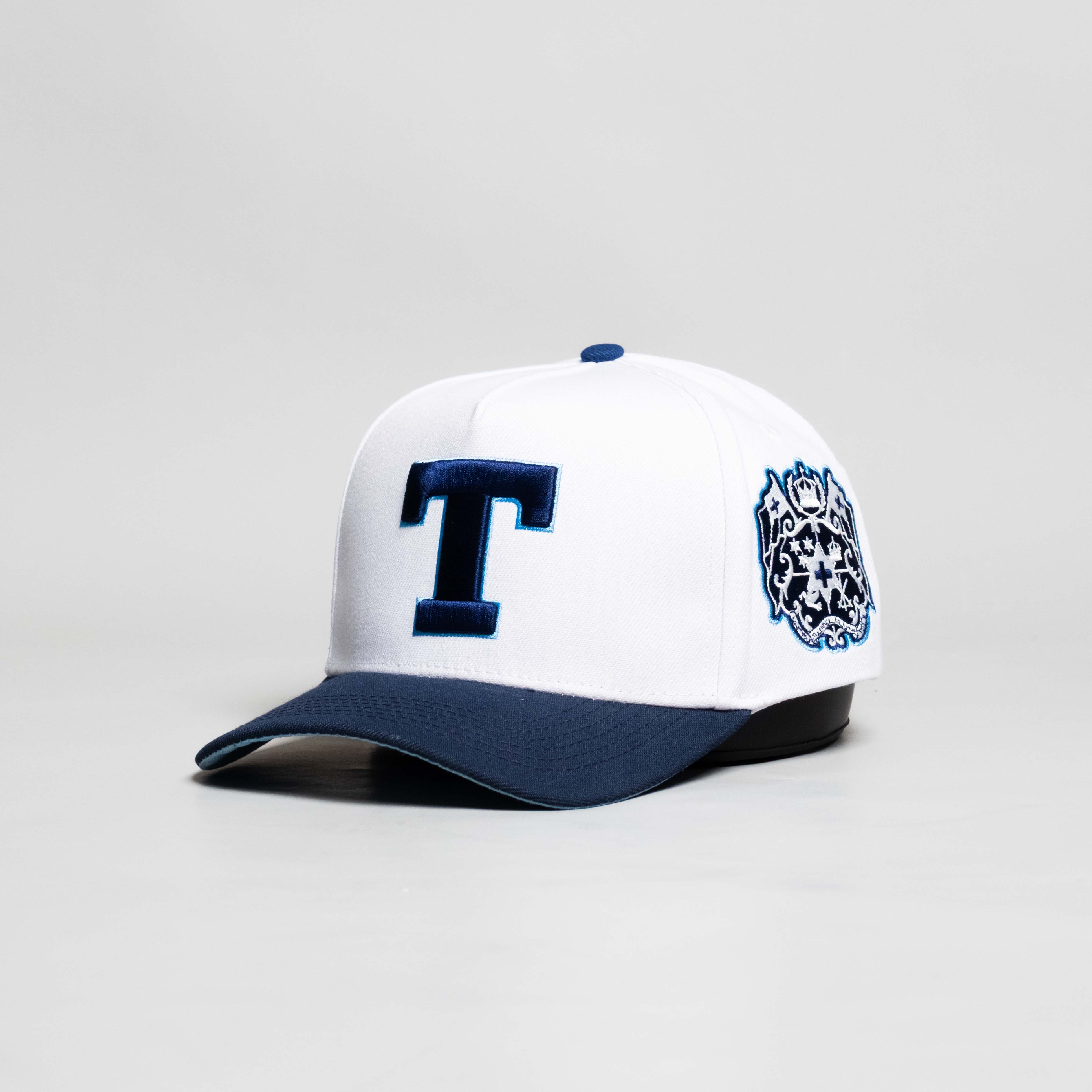 Tonga Hat White Navy Block T Snapback - Side Crest Angled View