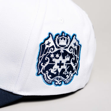 Tonga Hat White Navy Block T Snapback - Side Crest Detail