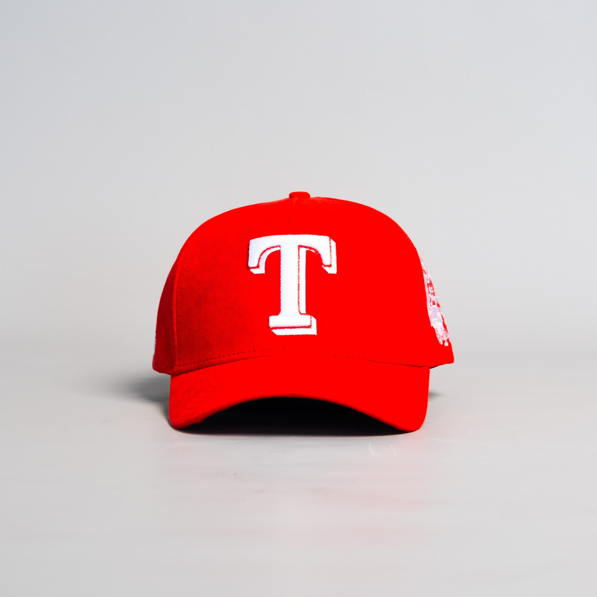 Tonga Red Suede Snapback Hat with White T Logo and Coat of Arms Patch - Front Panel