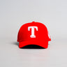 Tonga Red Suede Snapback Hat with White T Logo and Coat of Arms Patch - Front Panel