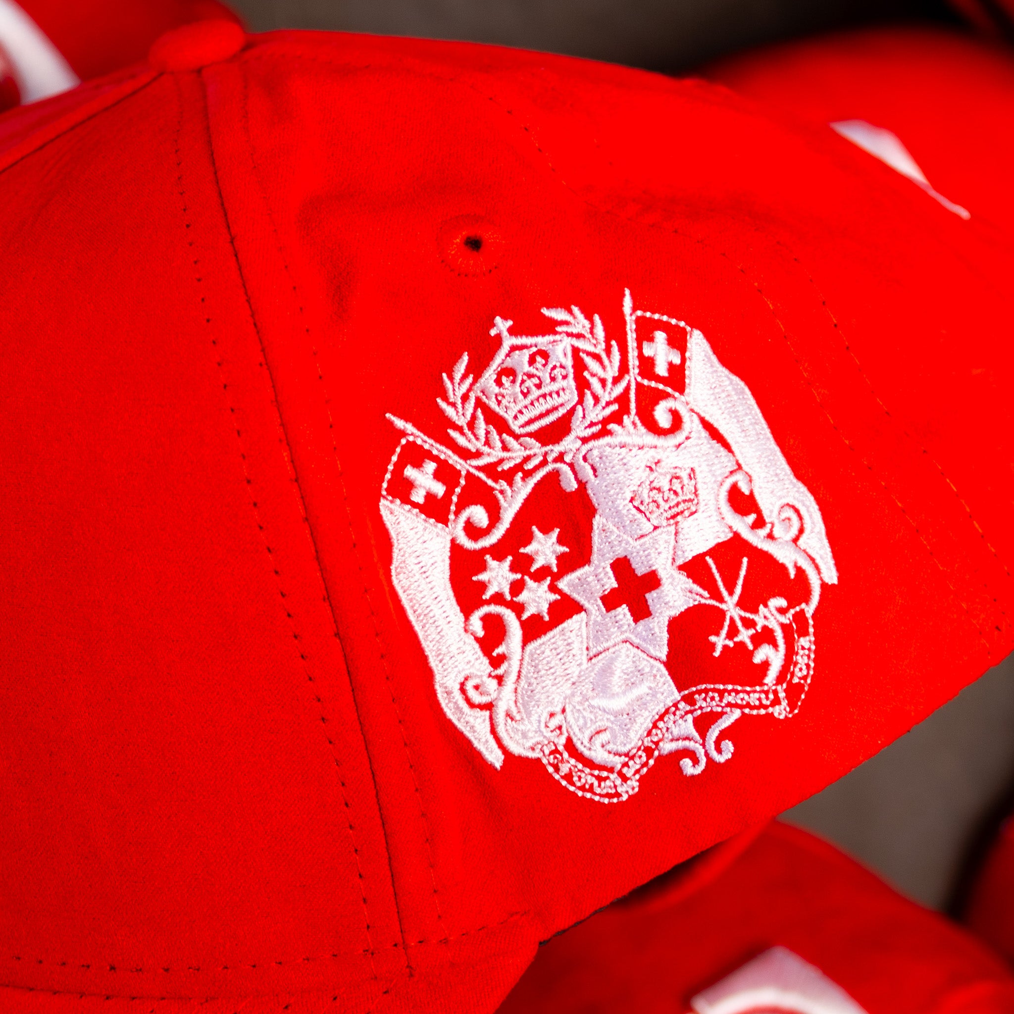Tonga Red Suede Snapback Hat with White T Logo and Coat of Arms Patch - Side Patch Detail