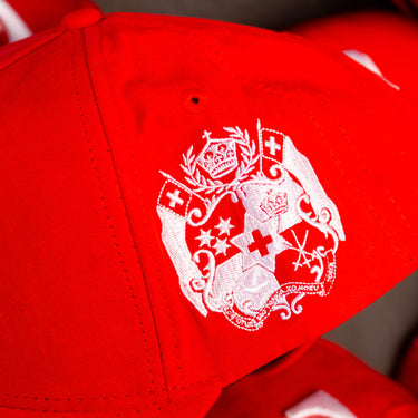 Tonga Red Suede Snapback Hat with White T Logo and Coat of Arms Patch - Side Patch Detail