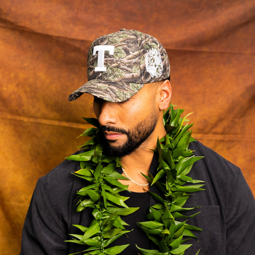 Tonga T Camo Hat Polynesian All-Camo White Logo Coat of Arms Snapback - On Model Portrait Lifestyle