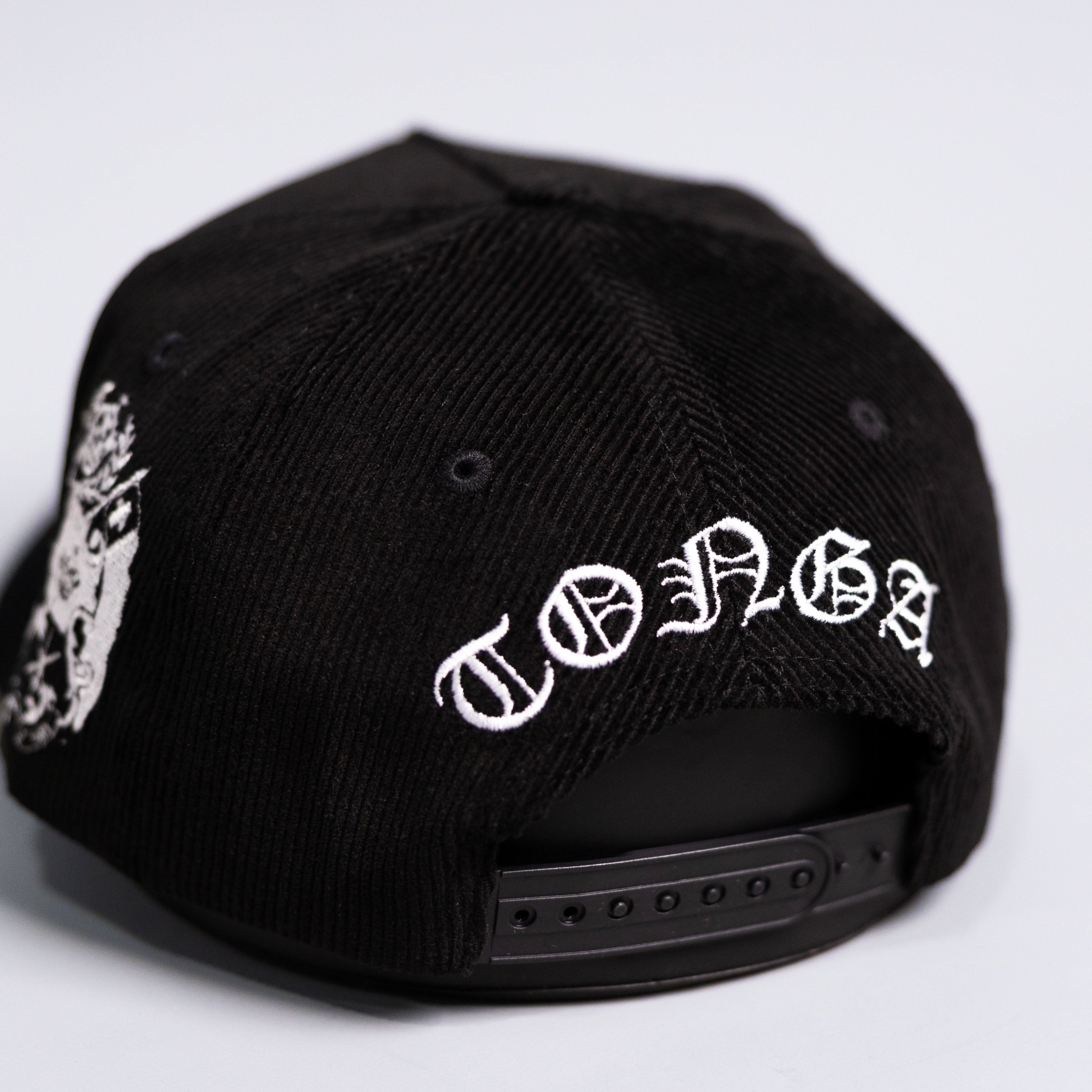 Tonga T Hat Black Corduroy Brim White Logo Coat of Arms Patch Snapback - Back View