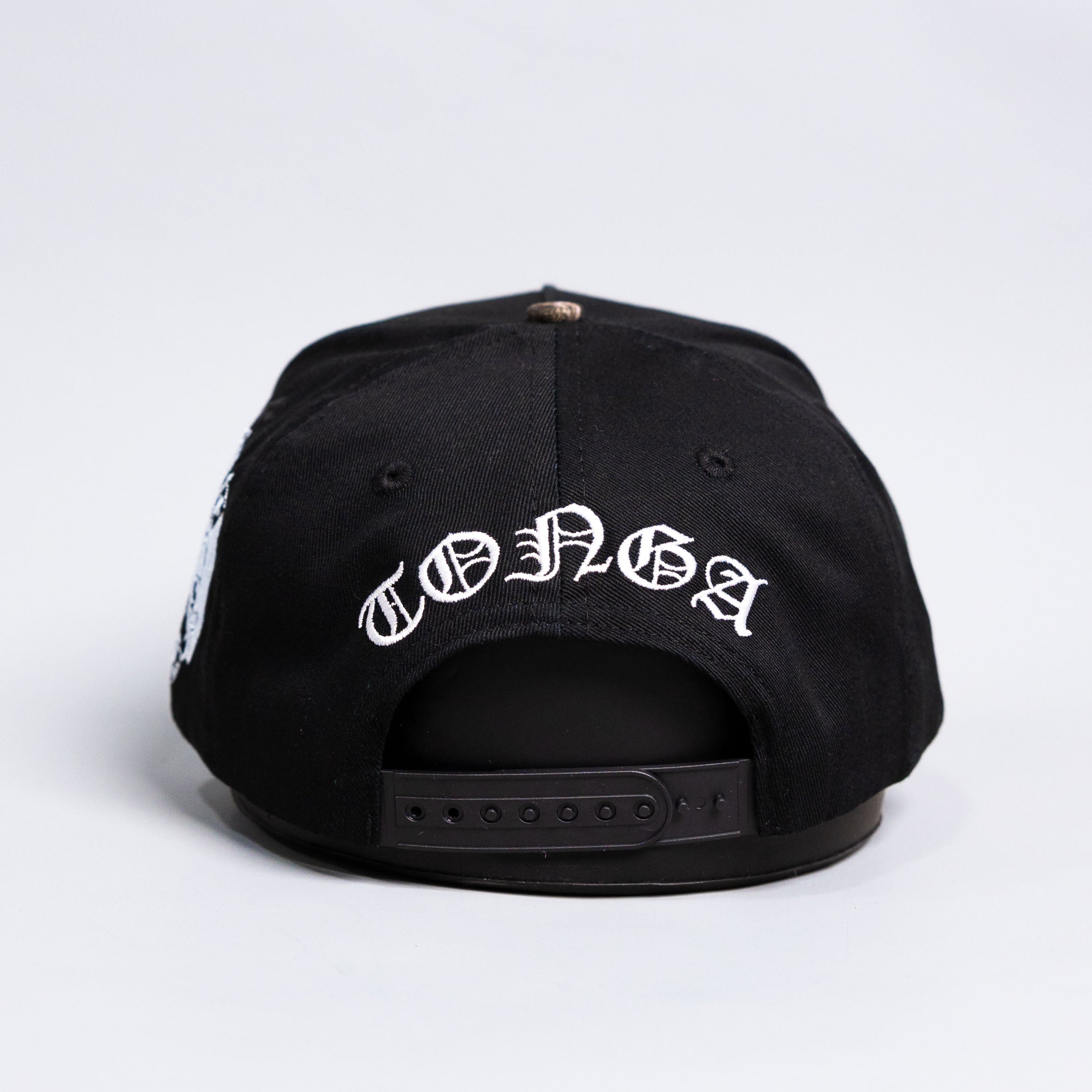 Tonga T Hat Black Polynesian Camo Brim White Logo Coat of Arms Snapback - Back View