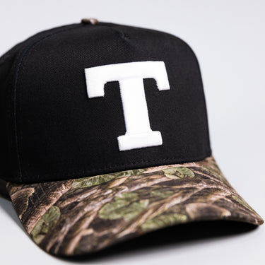 Tonga T Hat Black Polynesian Camo Brim White Logo Coat of Arms Snapback - Front Detail
