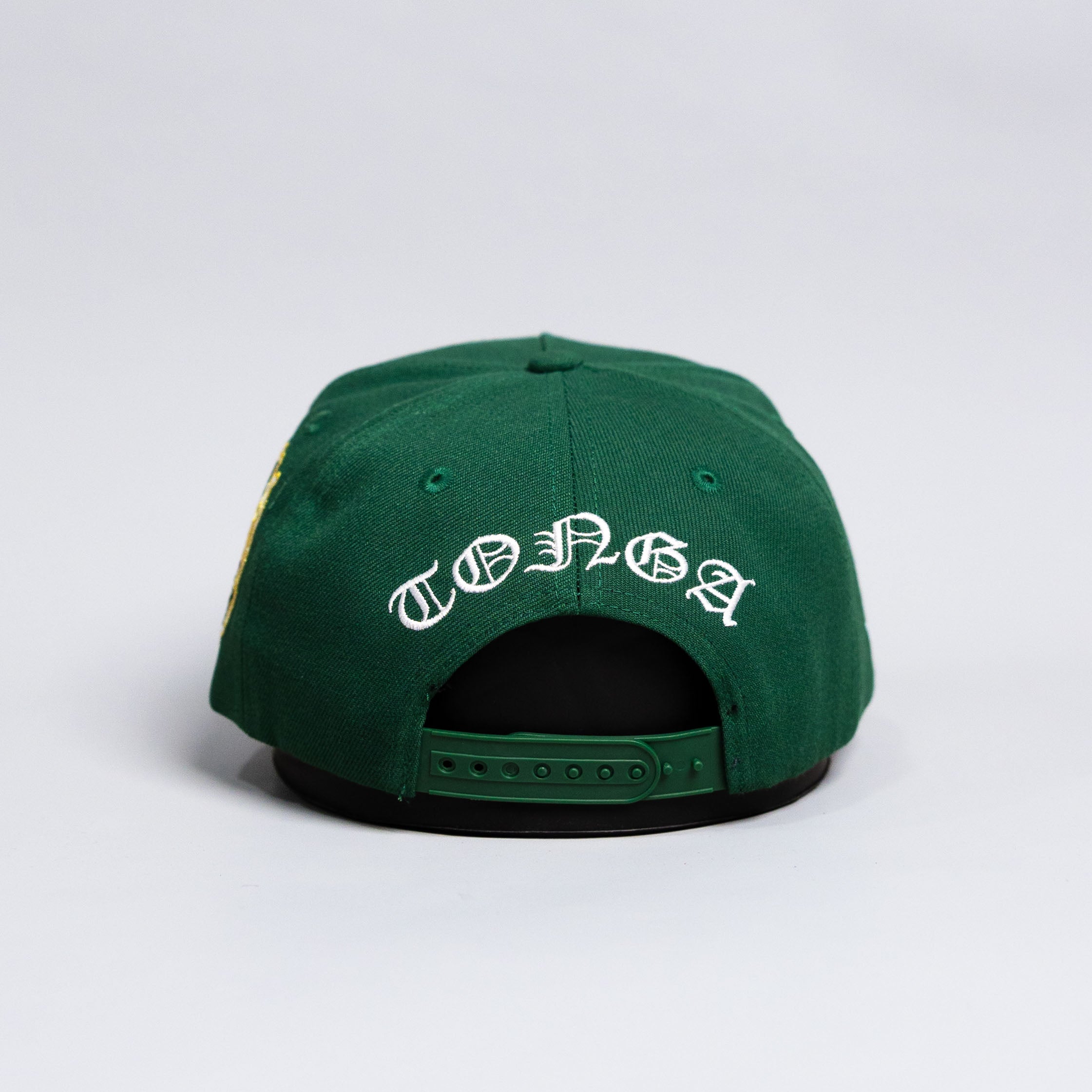 Tonga T Hat Green White Logo Gold Coat of Arms Patch Snapback - Back View