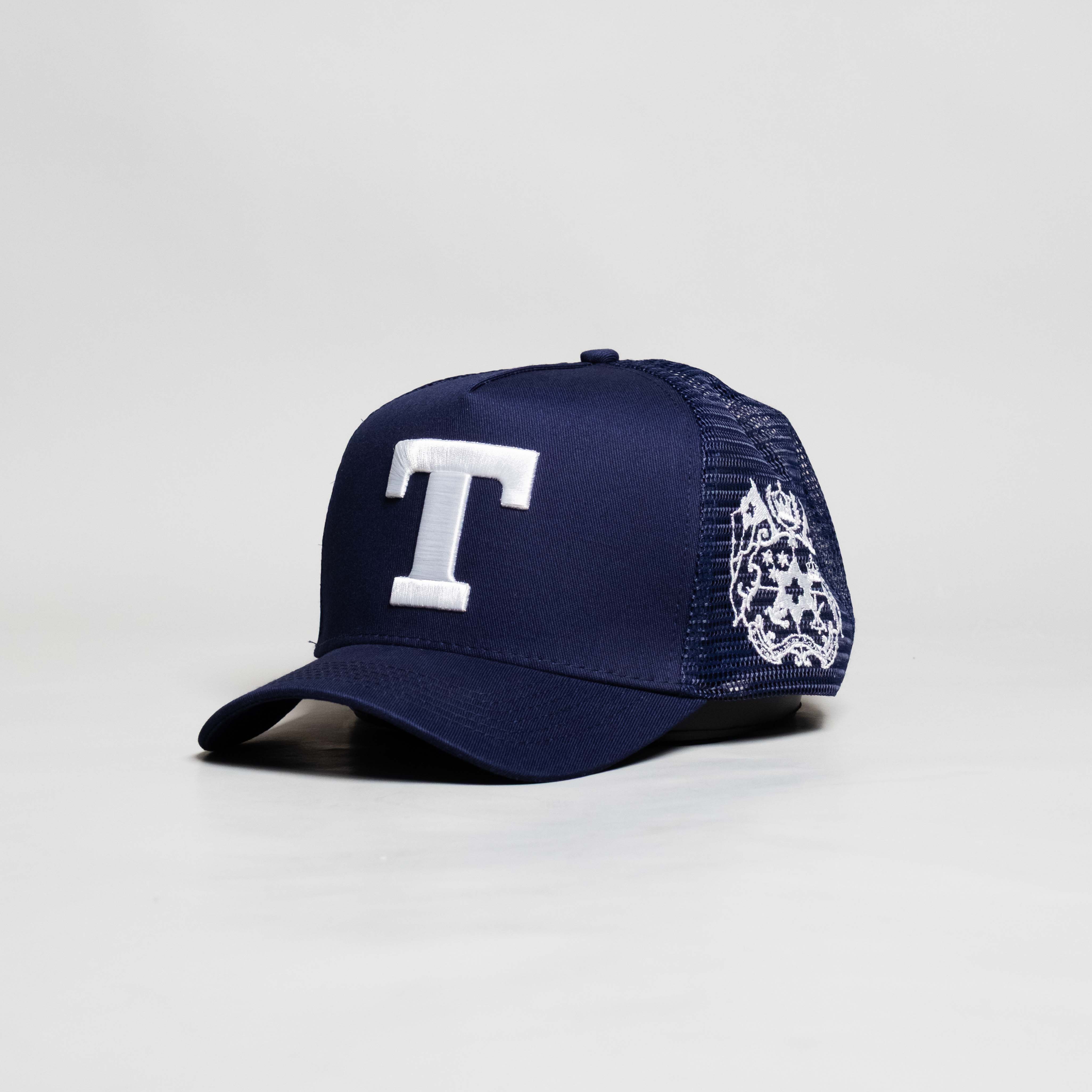 Tonga Trucker Hat Navy Mesh Snapback with T Logo - Angled View