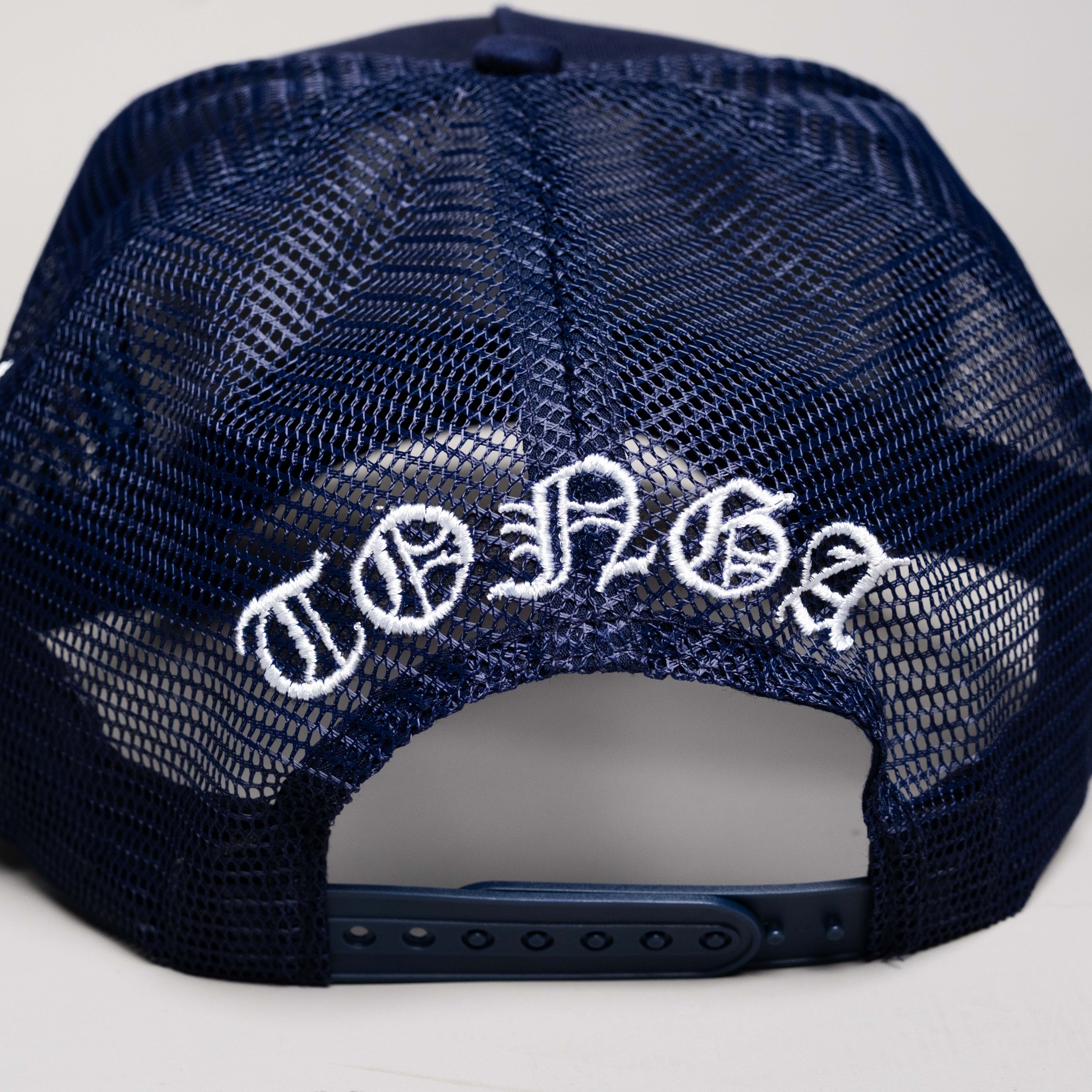 Tonga Trucker Hat Navy Mesh Snapback with T Logo - Back View