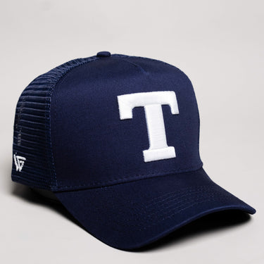 Tonga Trucker Hat Navy Mesh Snapback with T Logo - Front Detail