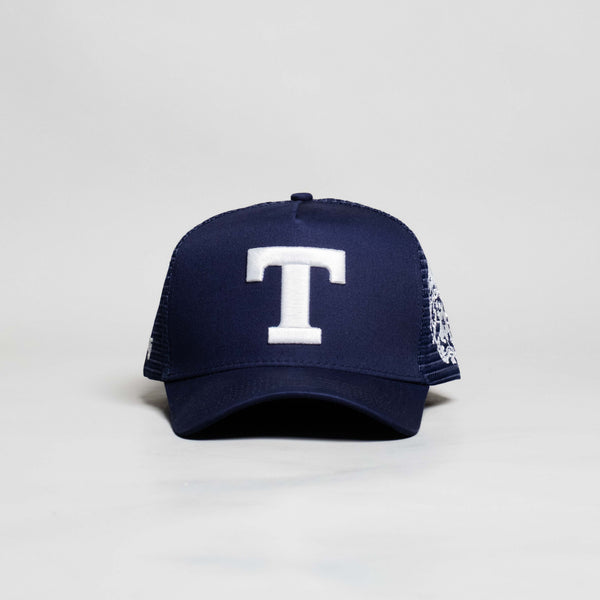 Tonga Trucker Hat Navy Mesh Snapback with T Logo - Front Panel