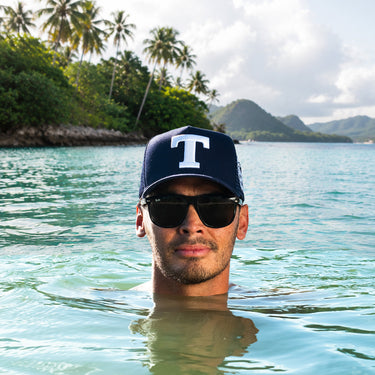 Tonga Trucker Hat Navy Mesh Snapback with T Logo - On Model Lifestyle