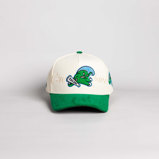 Tulane Green Wave Hat Cream & Green Corduroy Stacked Script - Front Panel