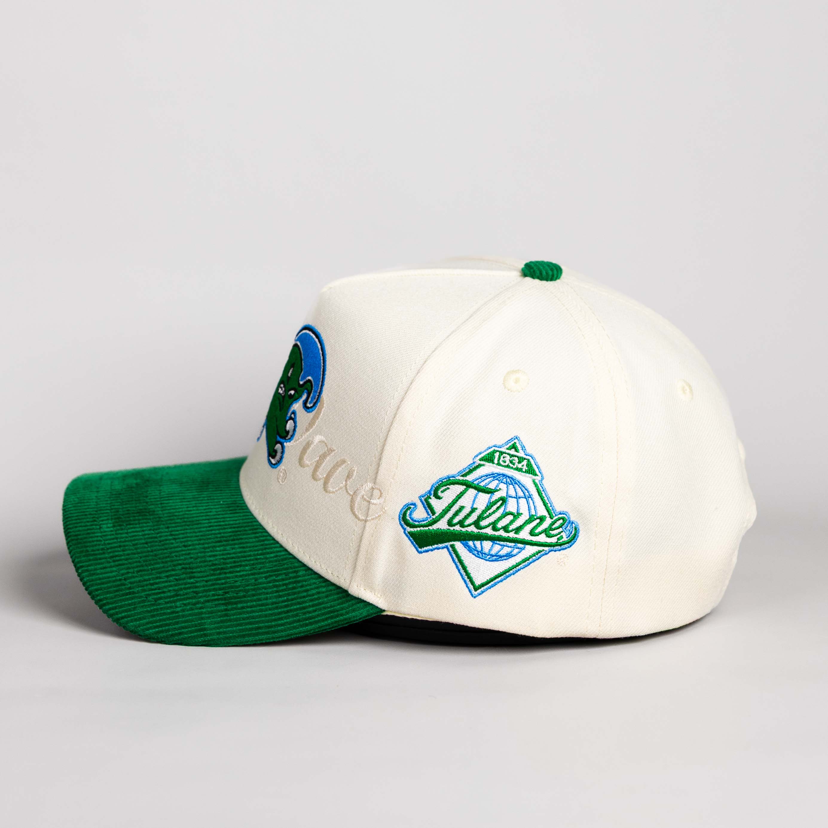 Tulane Green Wave Hat Cream & Green Corduroy Stacked Script - Side Patch