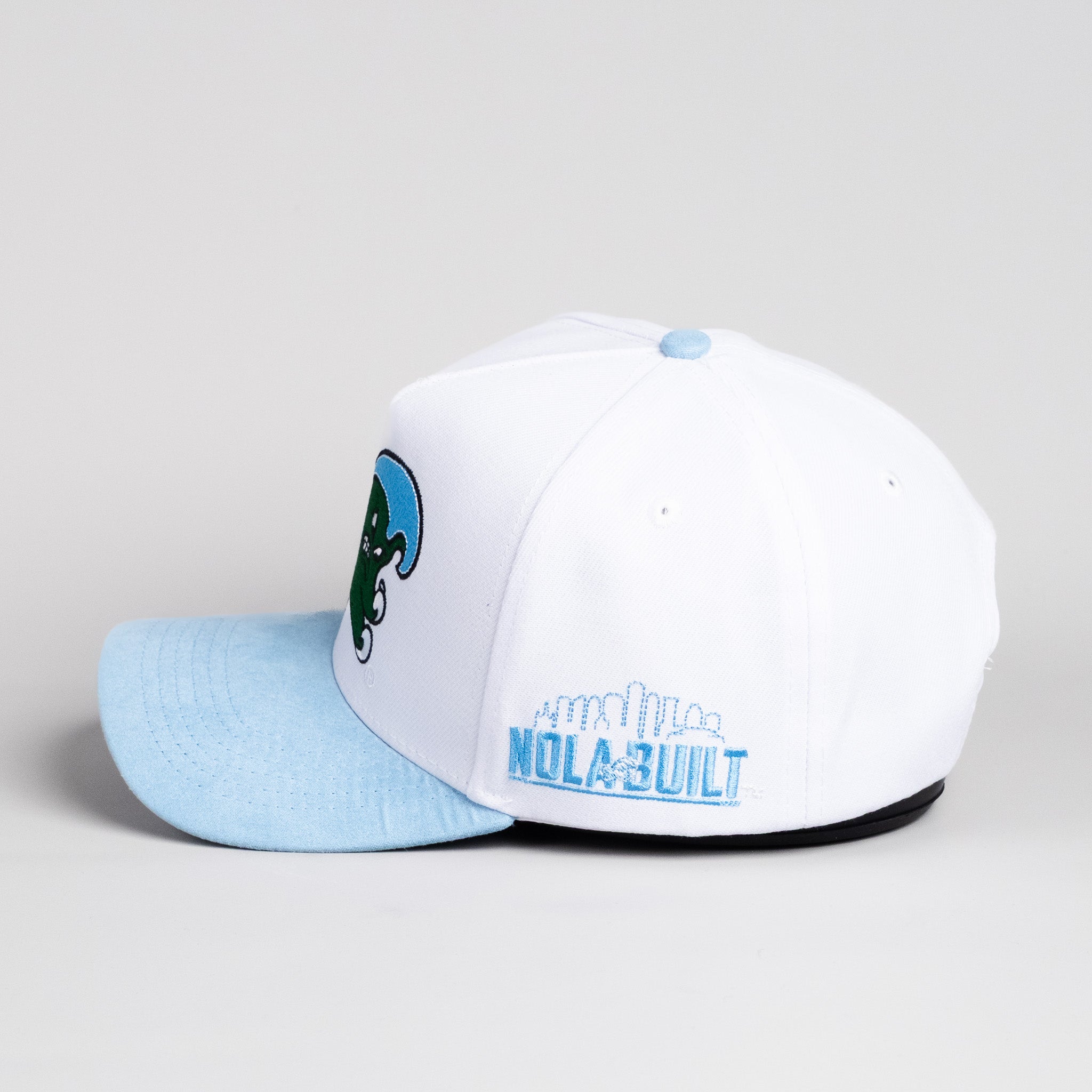 Tulane Green Wave Hat White & Powder Blue Nola Built Snapback - Side Patch