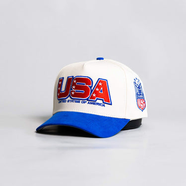USA Hat Cream & Royal Blue Suede Brim Eagle Shield Patch Snapback - Angled View