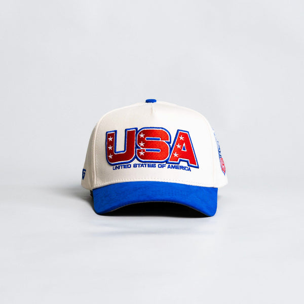 USA Hat Cream & Royal Blue Suede Brim Eagle Shield Patch Snapback - Front Panel