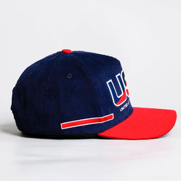 USA Shooting Star Hat Navy & Red Corduroy Snapback - Angled View