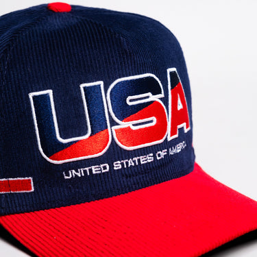 USA Shooting Star Hat Navy & Red Corduroy Snapback - Front Detail