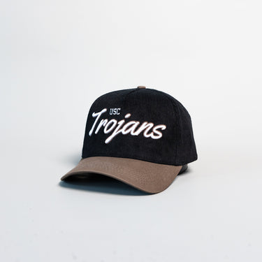 USC Trojans Hat Black Cotton Tan Suede Brim Script Snapback College USC - Angled View