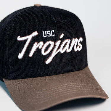 USC Trojans Hat Black Cotton Tan Suede Brim Script Snapback College USC - Front Detail