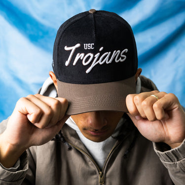 USC Trojans Hat Black Cotton Tan Suede Brim Script Snapback College USC - On Model Lifestyle