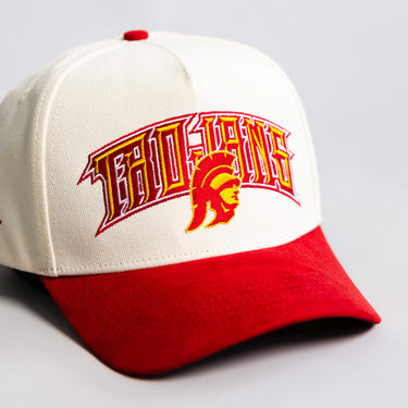 USC Trojans Hat Cream and Cardinal Suede SC Patch Snapback - Front Detail