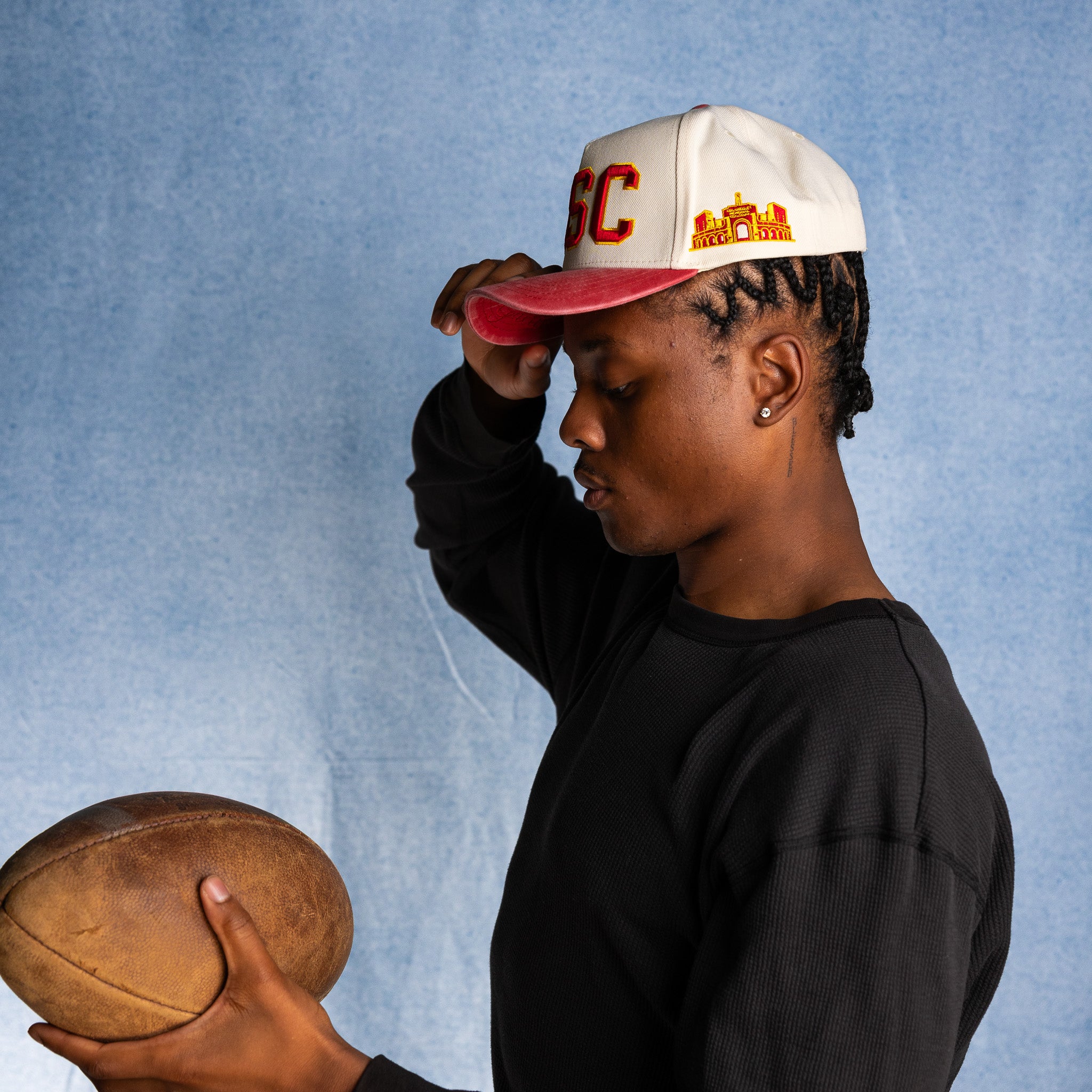 USC Trojans Hat Cream & Cardinal Suede Sun Fade Snapback - On Model Lifestyle B